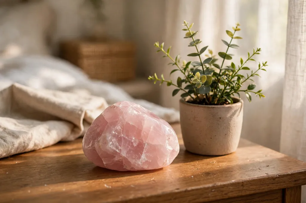 A pink rose quartz stone on a bedside table in soft morning light