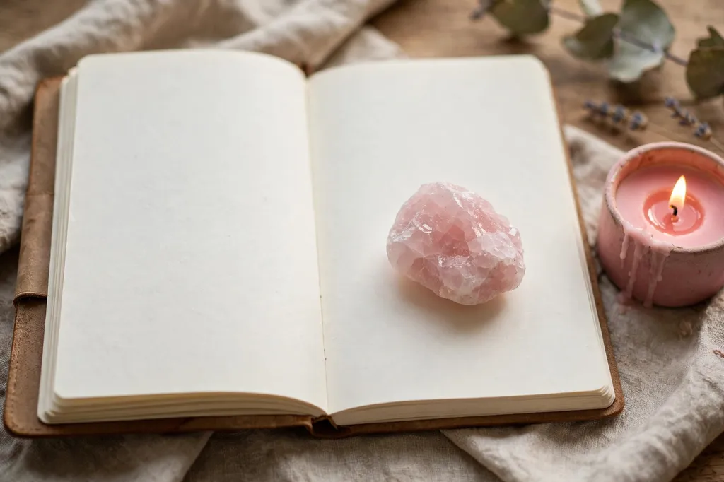 A pink rose quartz stone on an open journal beside a lit pink candle