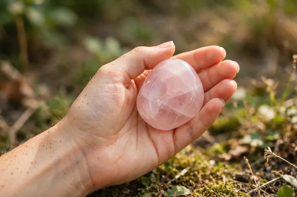 A hand gently holding a pink rose quartz stone in soft daylight