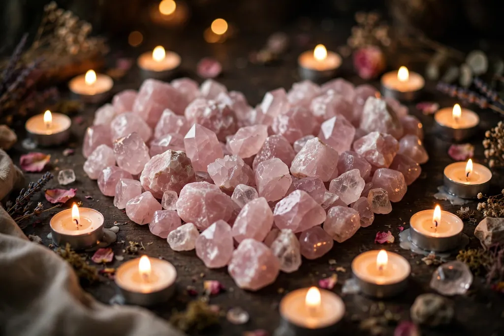 Rose quartz crystals arranged in a heart shape with glowing tea lights