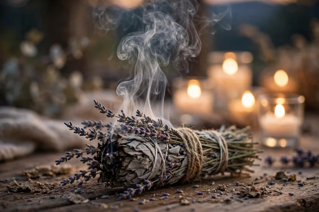 Smouldering sage and lavender with soft smoke rising among candles for spiritual cleansing