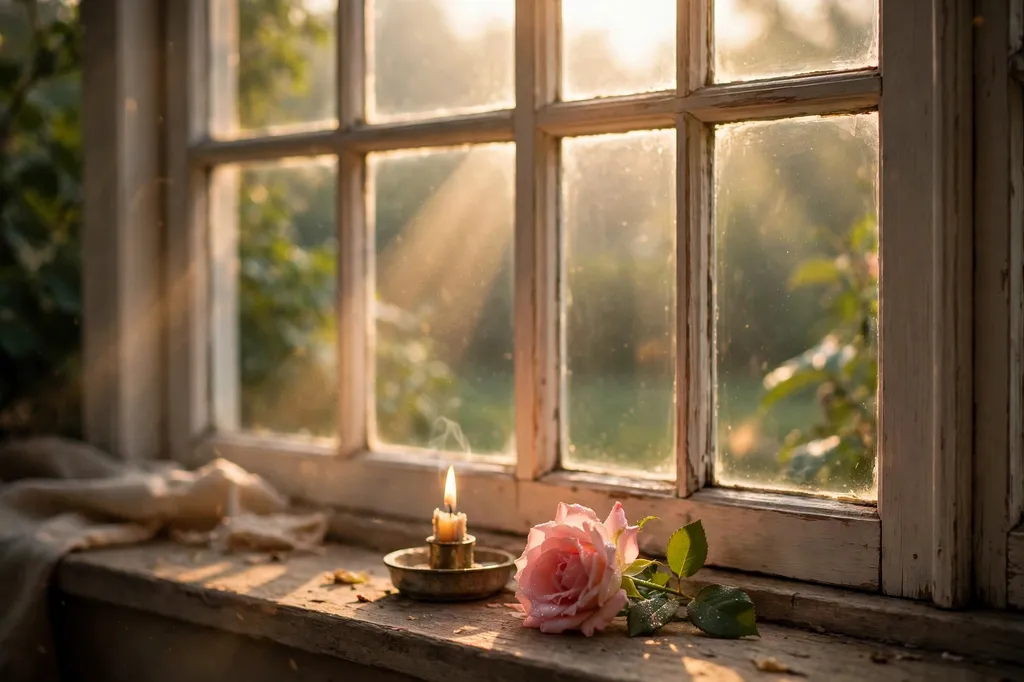Morning sunlight through a window with a candle and a rose
