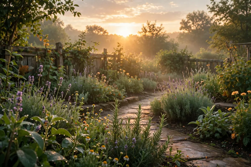Sunrise over a calm garden