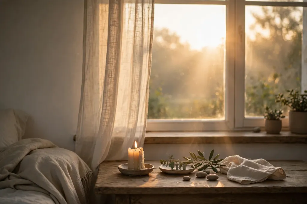 Soft sunrise light through a window beside a candle