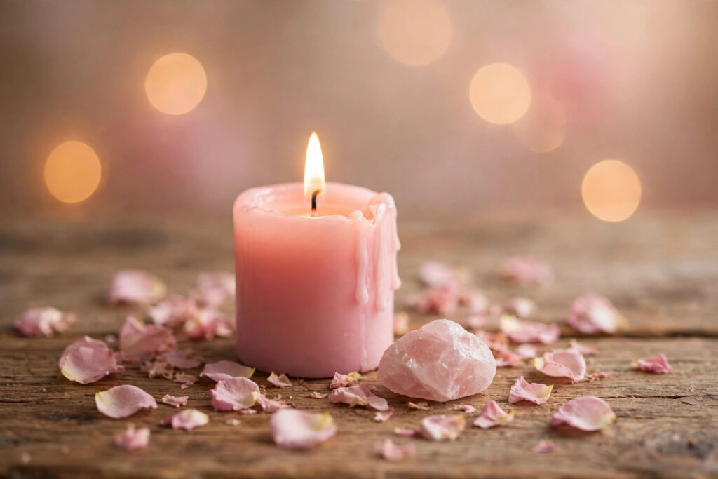 Pink candle with rose petals and rose quartz for a lost love ritual