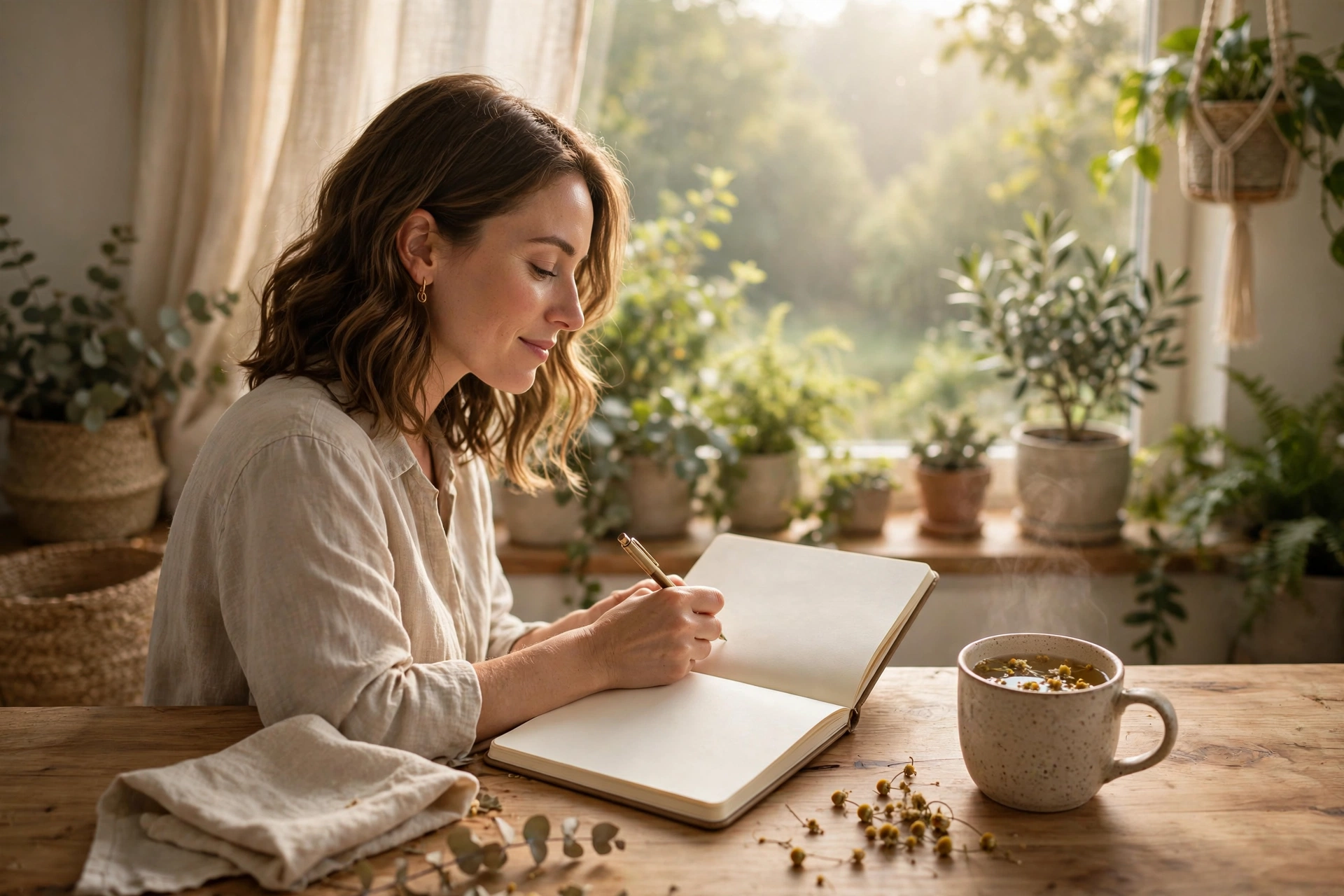 Woman journaling peacefully in morning light while waiting for her love spell to work