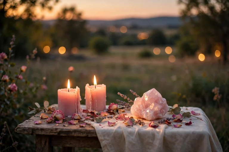 Pink candles, rose quartz and rose petals arranged for a love spell ritual at dusk