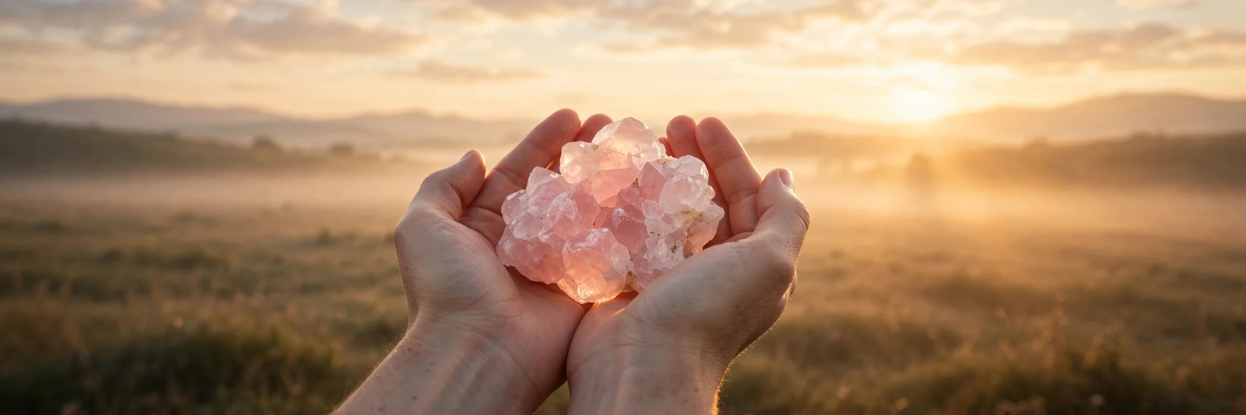 Rose quartz crystal held in open hands against a golden sunrise, a symbol of renewed hope