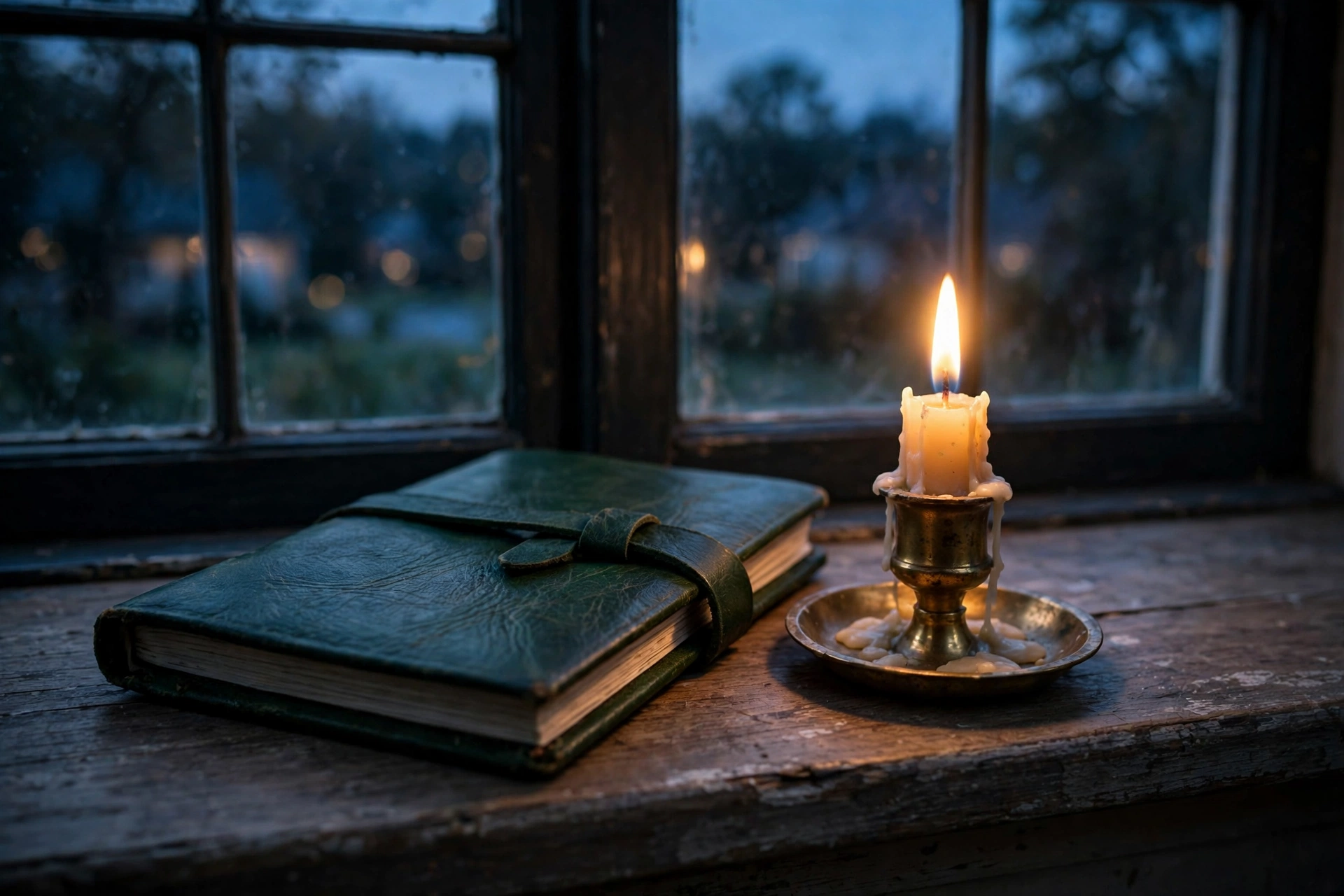 A lit candle and a closed journal resting on a windowsill at dusk