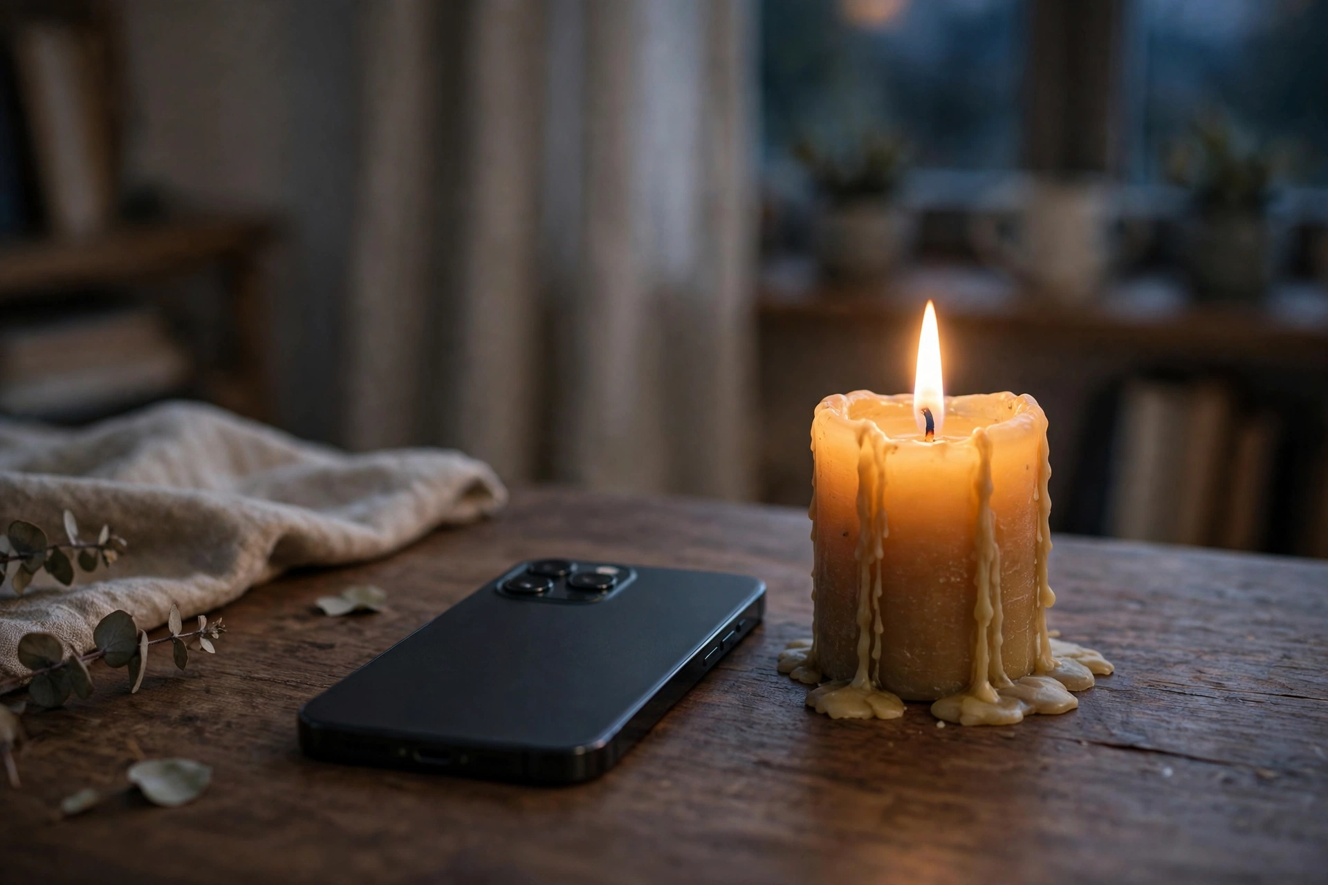 A lit candle beside a phone placed face down on a table, in a quiet room