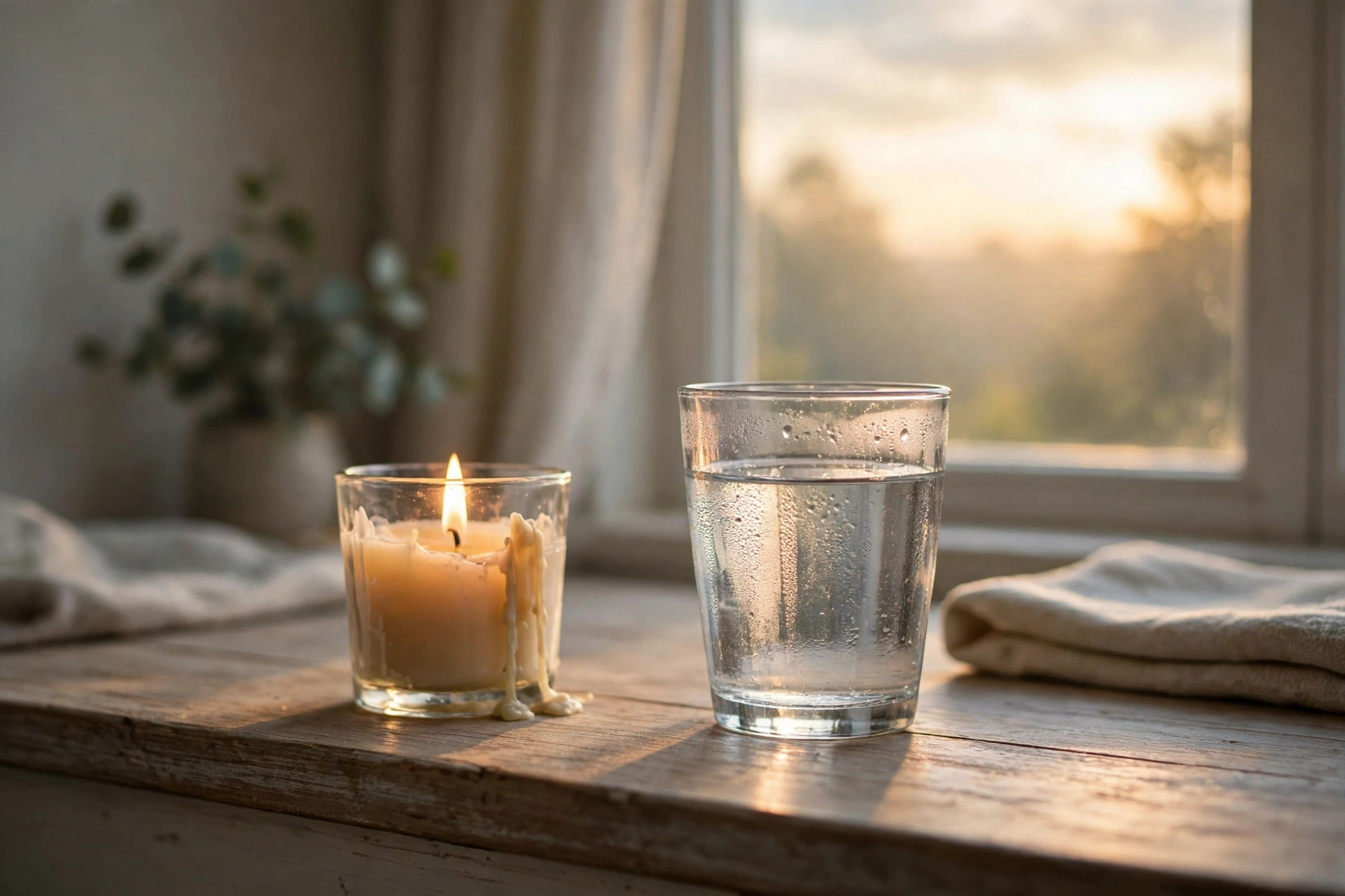 A lit candle and a glass of water on a windowsill at sunrise, in a quiet room