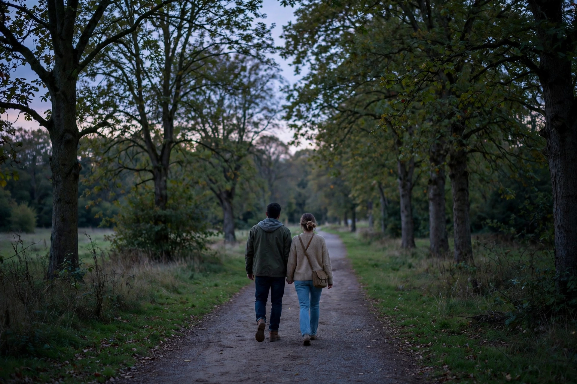 A couple walking together side by side on a quiet tree-lined path at dusk, seen from behind at a distance