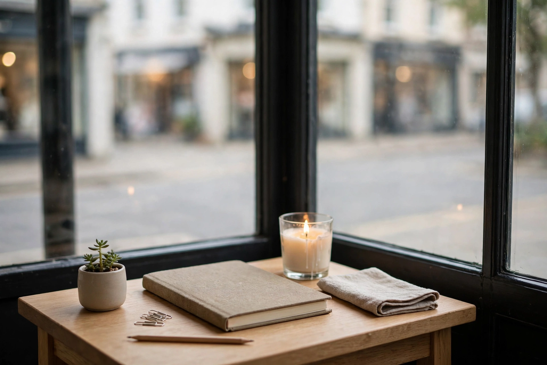 A small tidy desk with a notebook and a lit candle beside a shop window in soft daylight