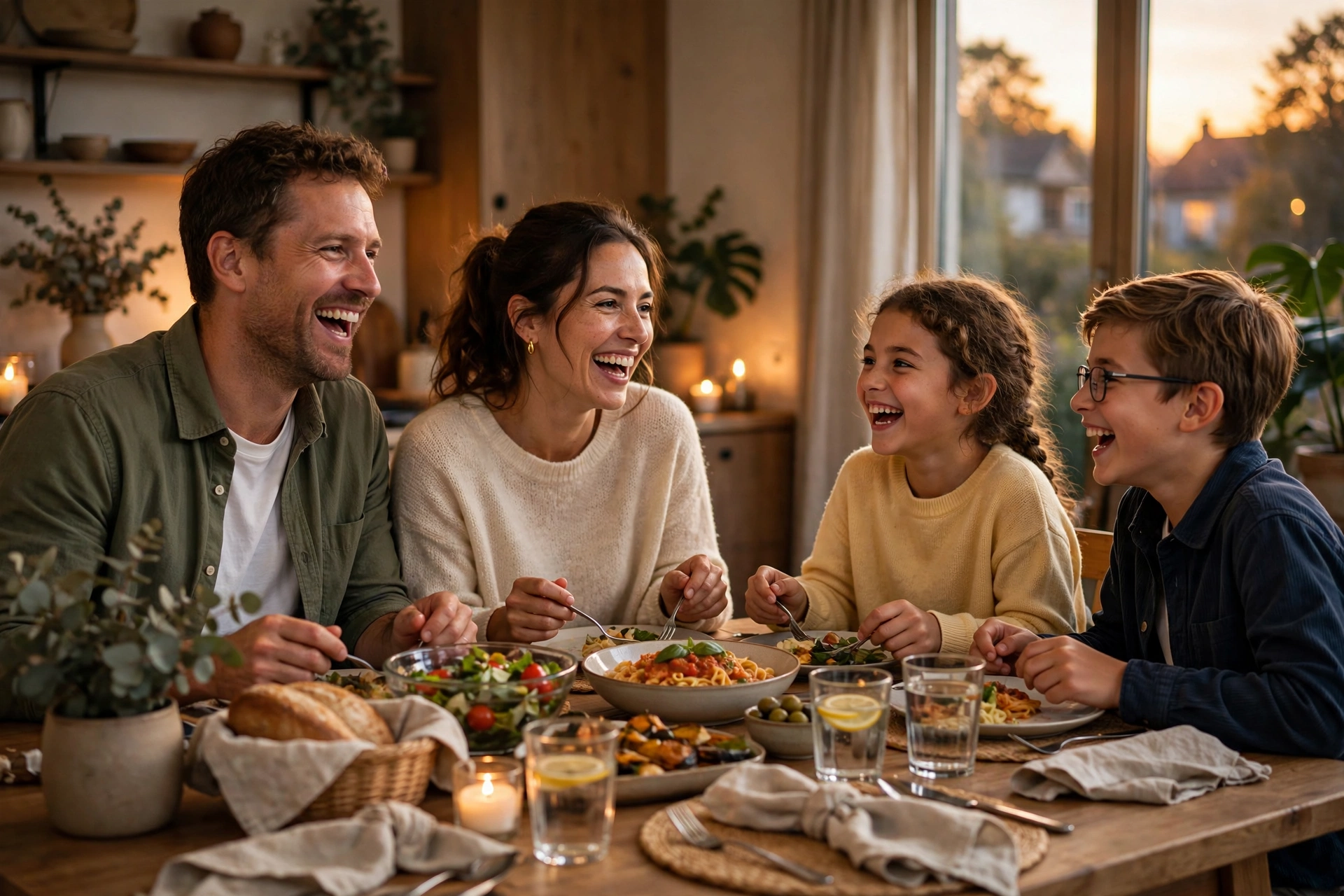 A family sharing a meal at a dining table in warm evening light, laughing together