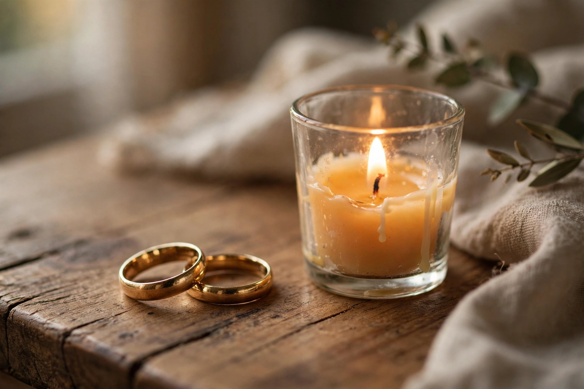 Two wedding rings resting beside a lit candle on a wooden table in soft warm light