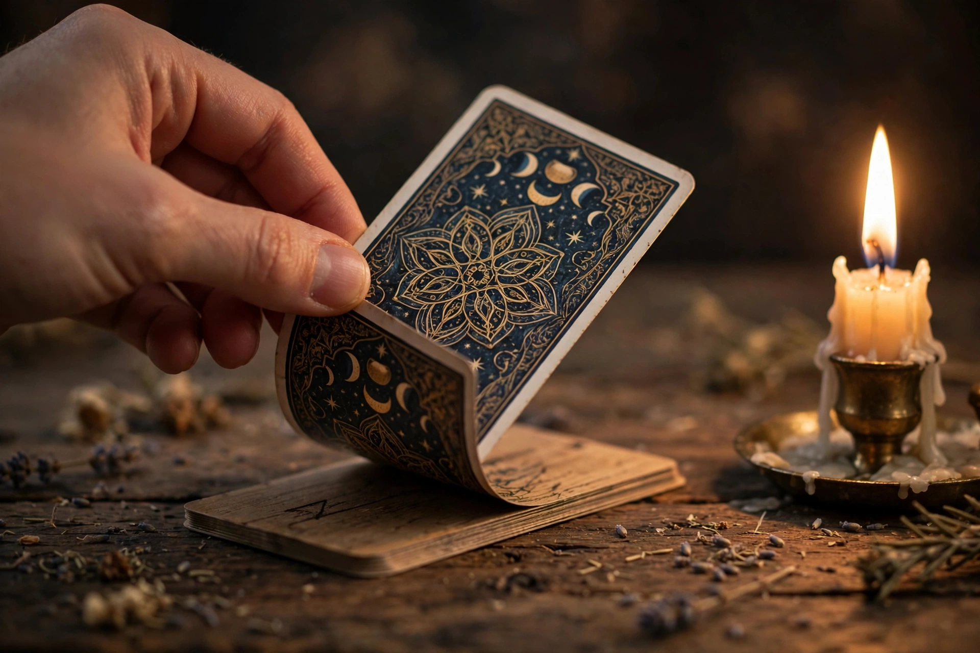 A close-up of a tarot card being turned over on a wooden table, with a candle nearby, in soft warm light