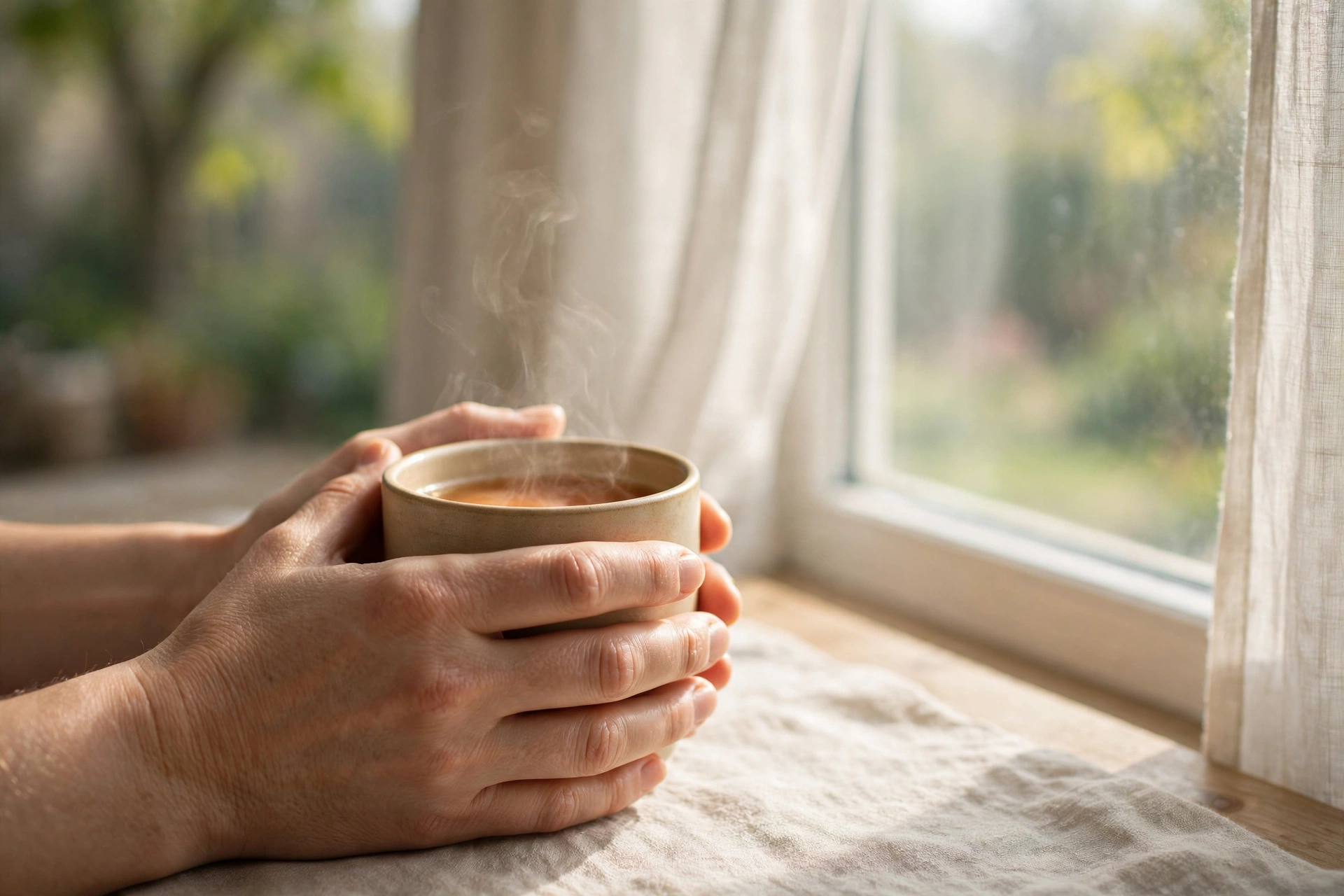 Hands holding a warm cup of tea beside a bright window in soft morning light
