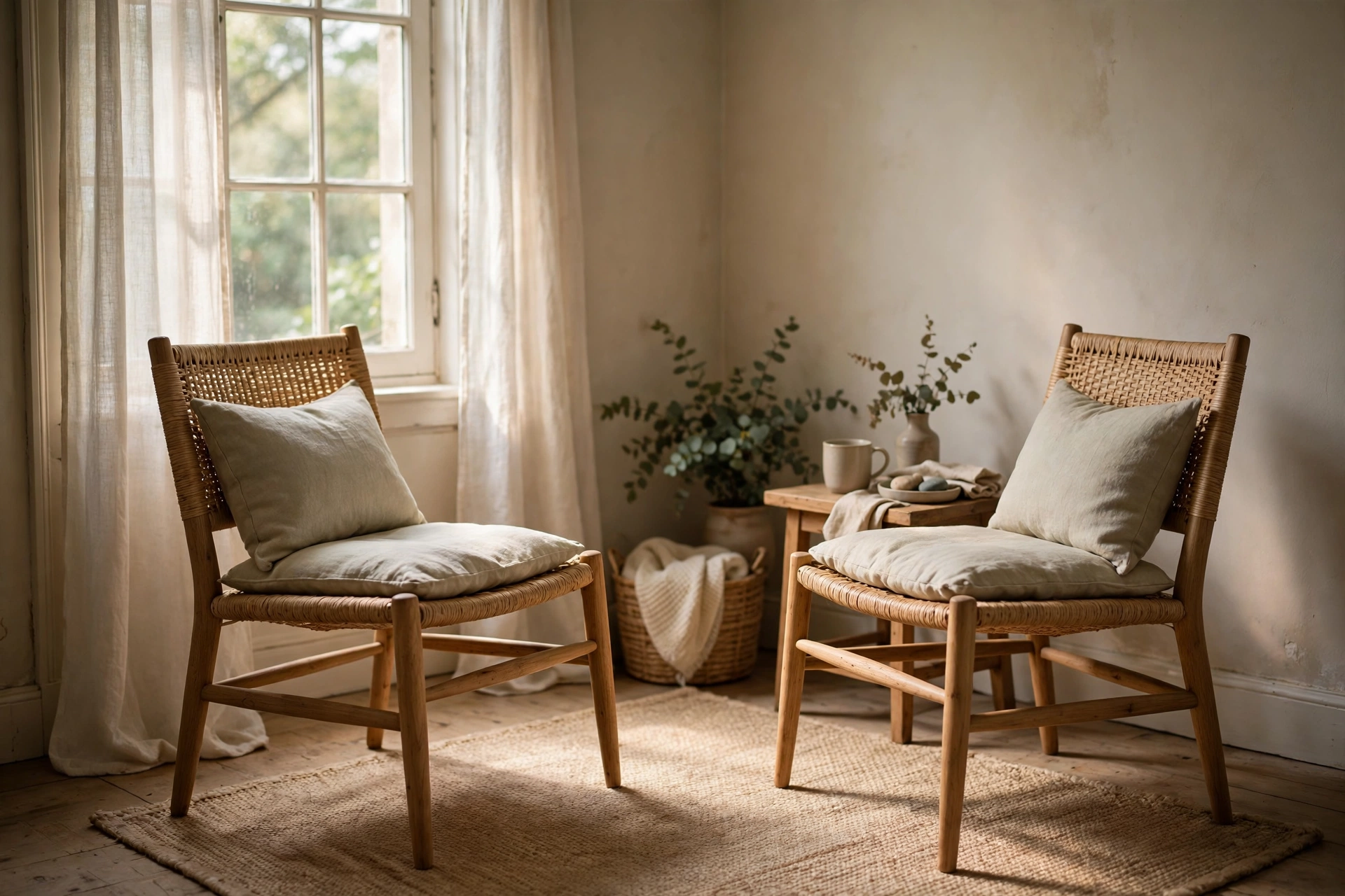 A small, calm room with two chairs facing each other and soft light from a window