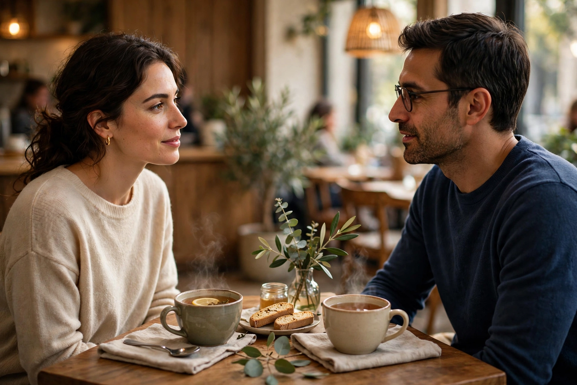 Two cups of tea on a cafe table, two people talking calmly face to face