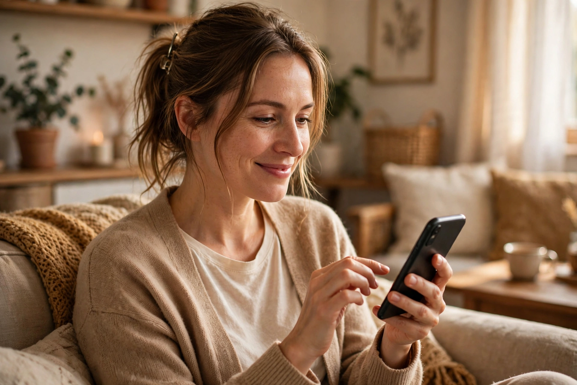 A woman holding a phone with a calm smile, typing a short message at home