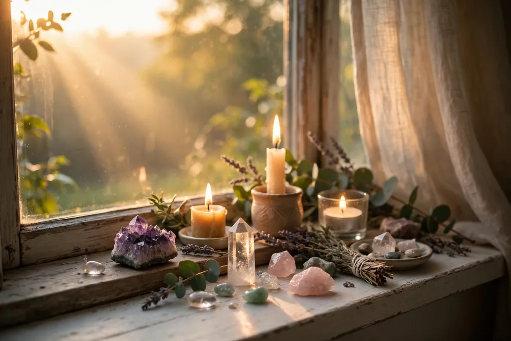 Sunrise light over a windowsill altar with burning candles and crystals, a symbol of hope in love.