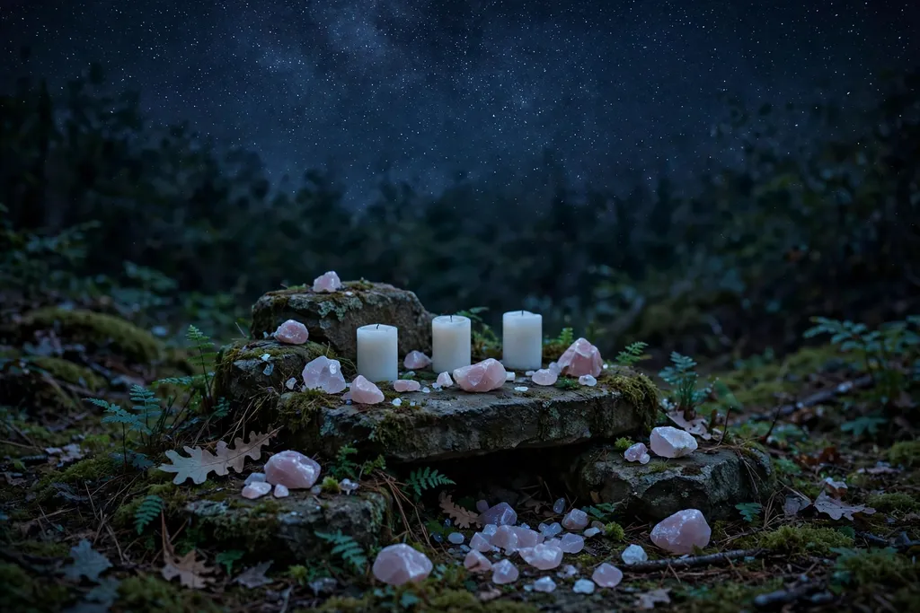 Quiet dark starry night sky over a small love altar with candles and rose quartz for the new moon.