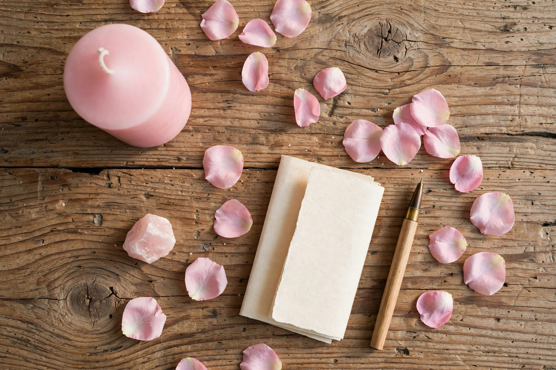 Simple items for a lost love ritual: pink candle, rose petals, paper, pen and rose quartz