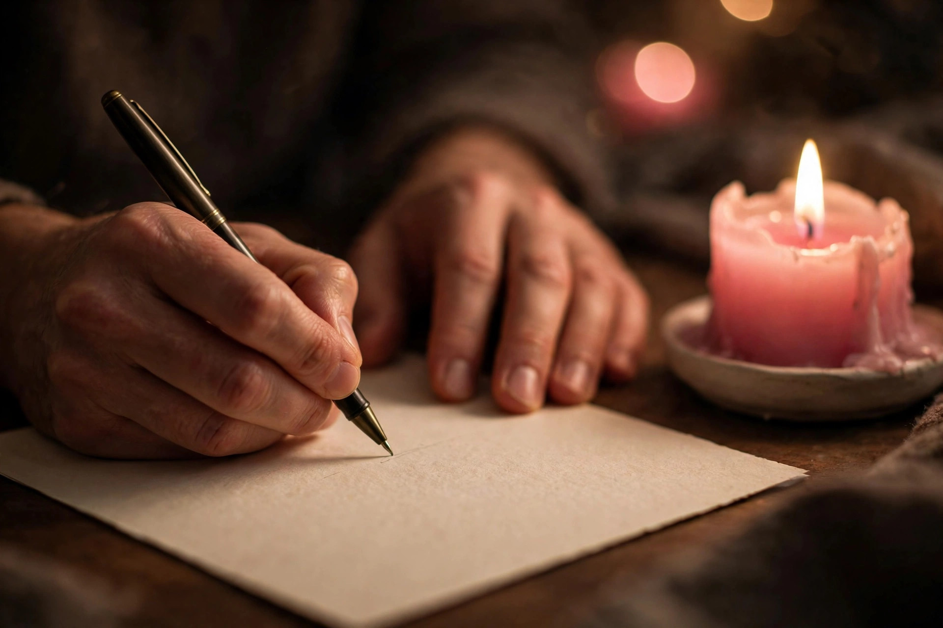 Writing a heartfelt wish on paper by candlelight during a love ritual