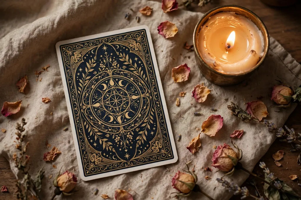 A single tarot card back resting on a cloth beside a lit candle and dried rose petals in soft warm light