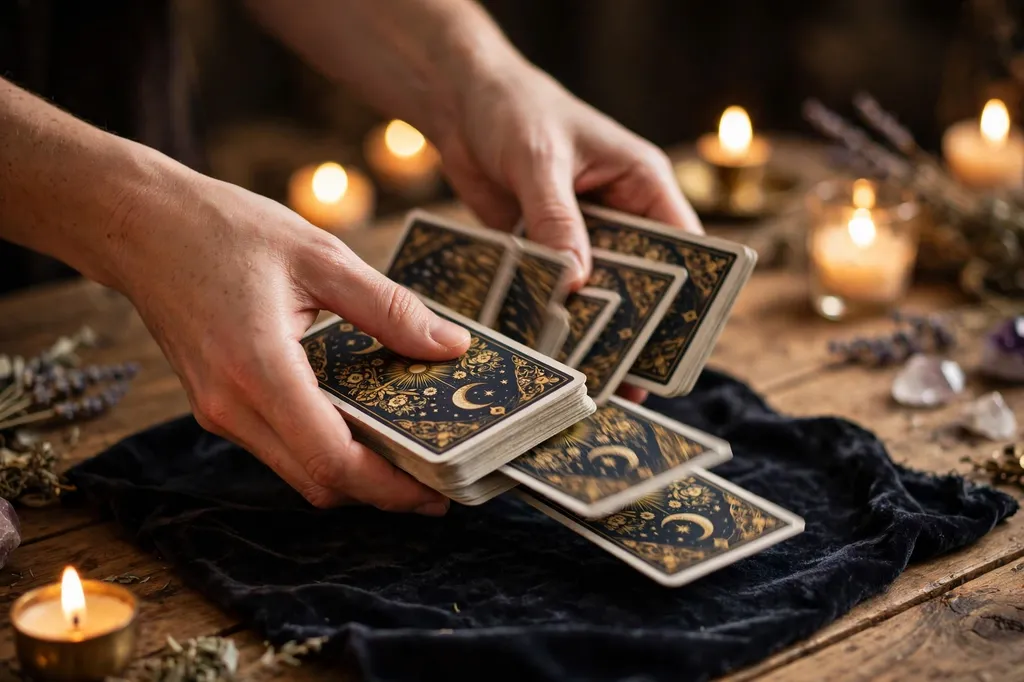 Hands gently shuffling a tarot deck over a dark cloth on a wooden table in warm candlelight