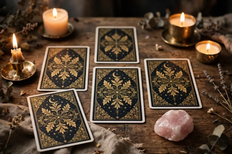 Tarot card spread face-down showing ornate card backs on a wooden table with warm candlelight and a rose quartz stone