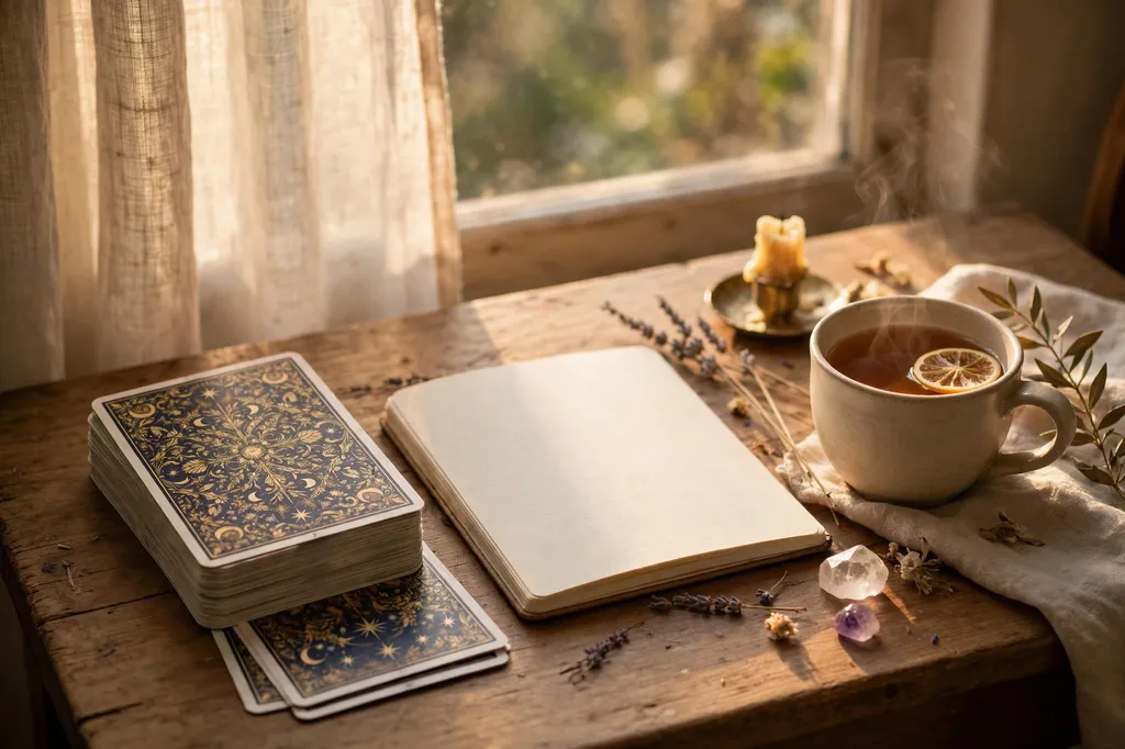 A calm reading table with a tarot deck, a notebook, and a cup of tea by warm window light