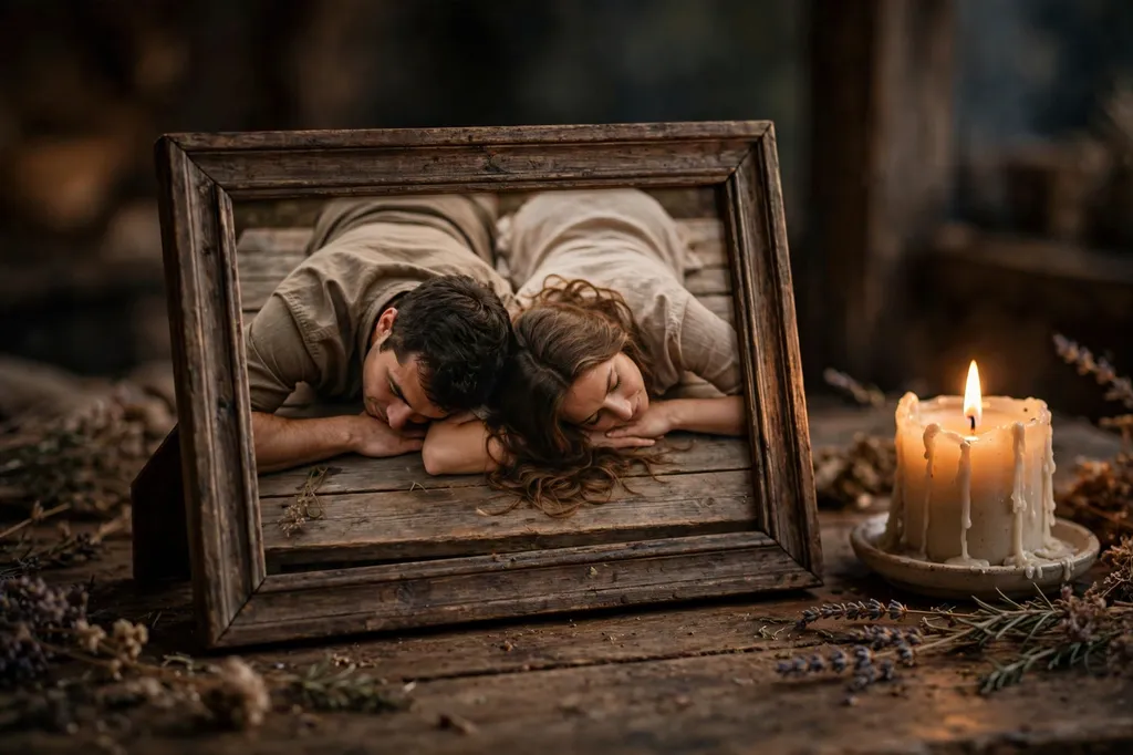 A framed couple's photo lying face down beside a candle, symbolising third-party interference in a relationship.