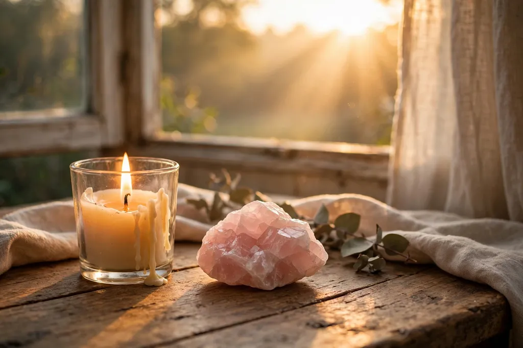 A lit candle beside a rose quartz crystal in golden sunrise light, a symbol of hope when facing third-party interference.