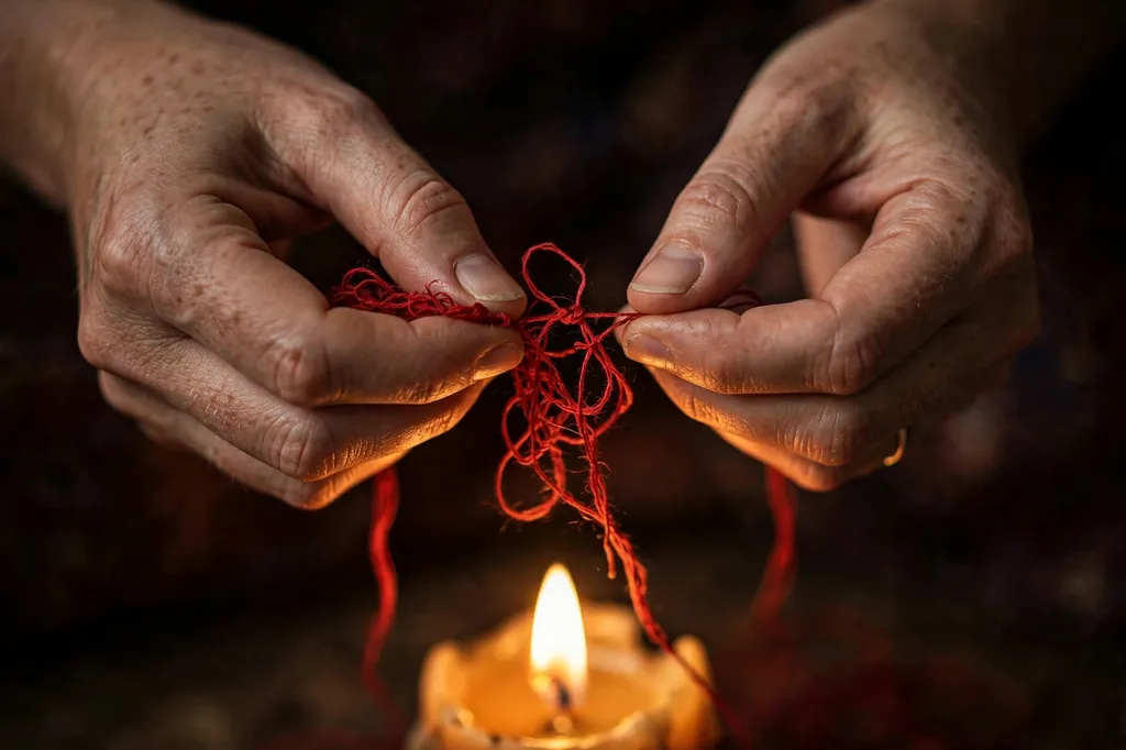 Hands gently untangling a red thread over a candle flame, symbolising the removal of third-party interference.