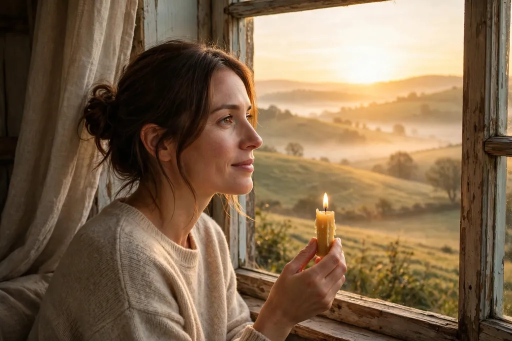 A woman holding a candle while looking at a golden sunrise, a symbol of hope after third-party interference.